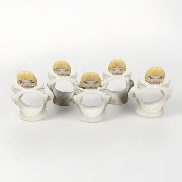 VTG (5) Ceramic Angel‎ Napkin Rings Blonde Angels Holiday Christmas Table Decor - Picture 1 of 12